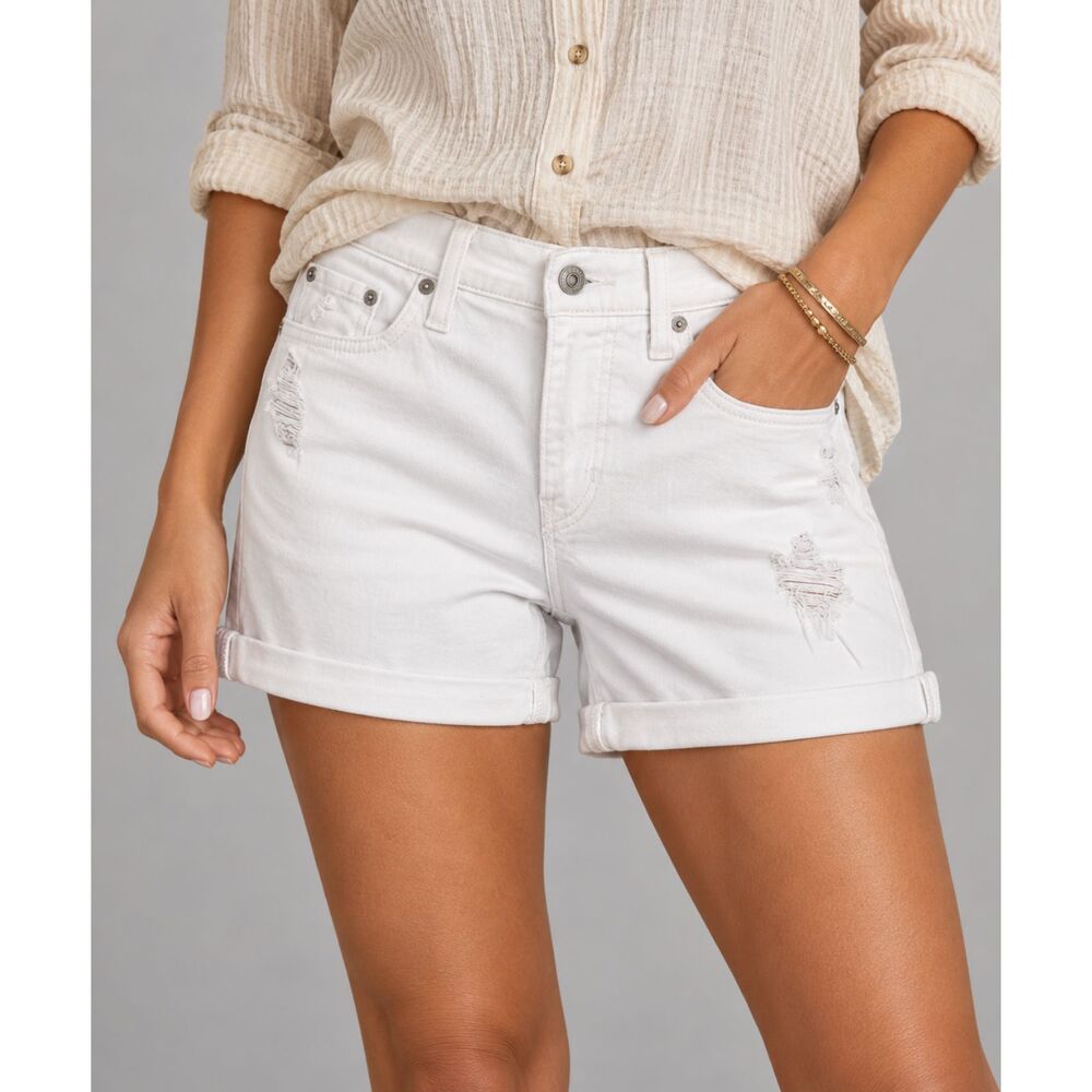 Levi’s Women’s 27 White Denim Mid Length Shorts Distressed Cuffed Stretch